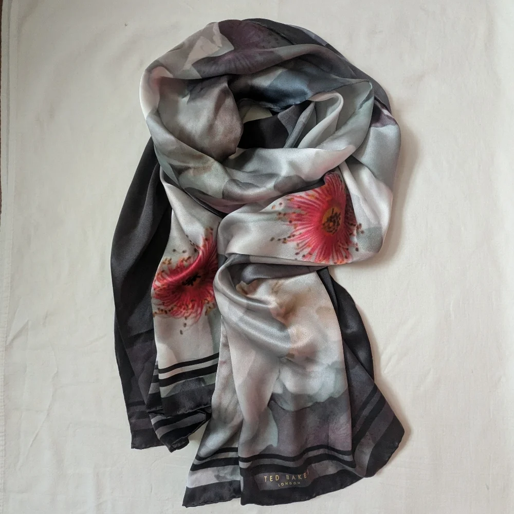 Ted Baker Silk Extra Large Botanical Floral Scarf Gray Pink